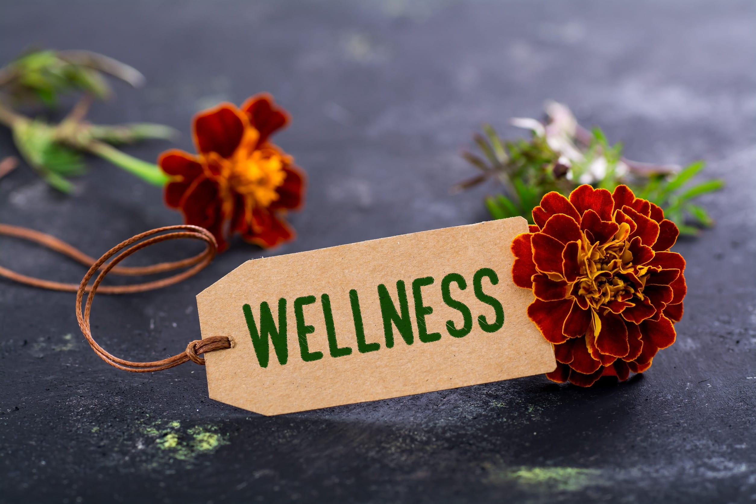 Natural looking label with wellness text and red flowers on black grunge background