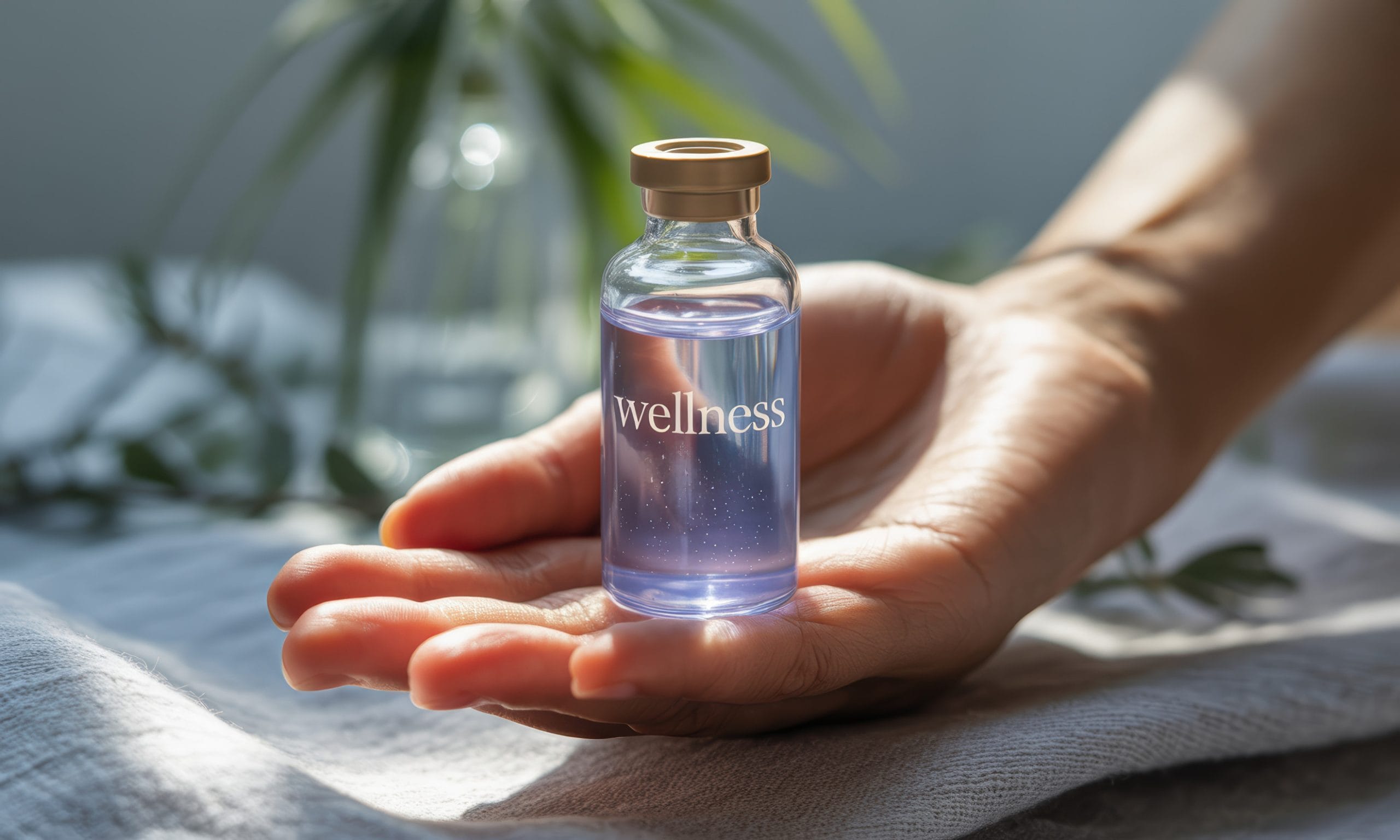 Close up of a hand holding a glass vial with wellness text, filled with purple liquid.